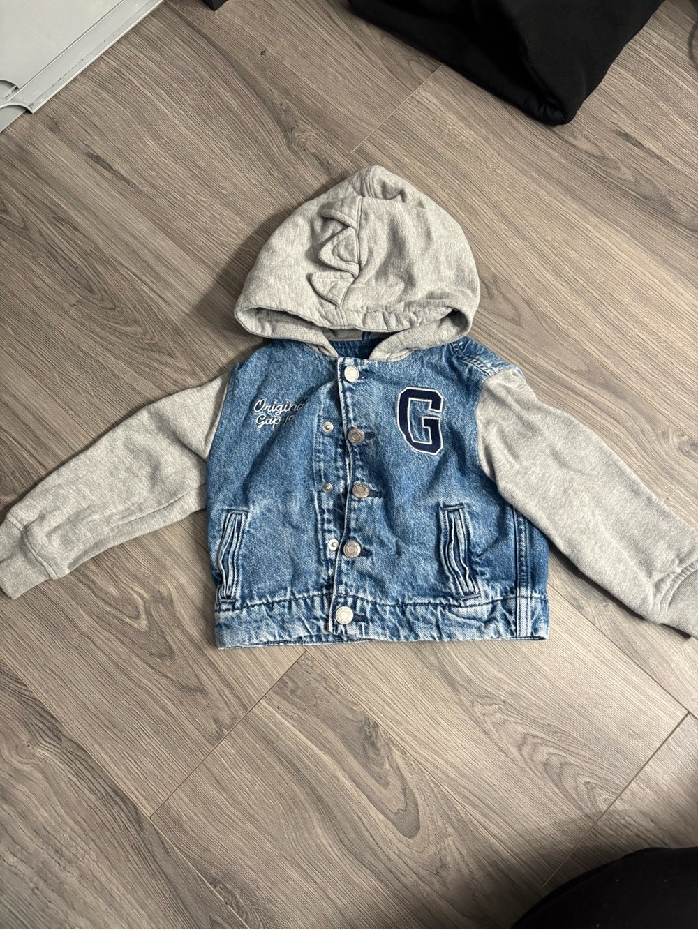 GAP Blue Denim Jacket with Gray Hood & Sleeves